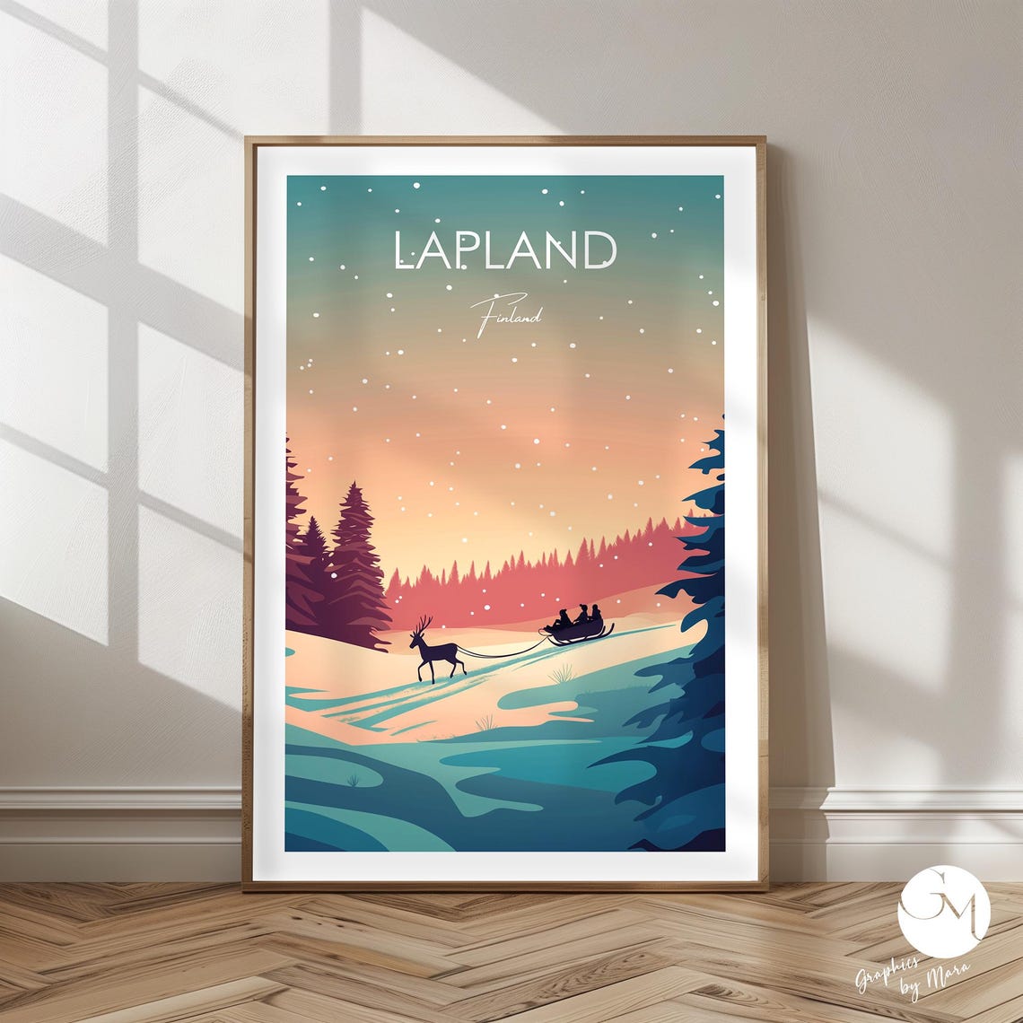 Lapland Finland Winter Reindeer Sleigh Snowy Dusk Travel Poster