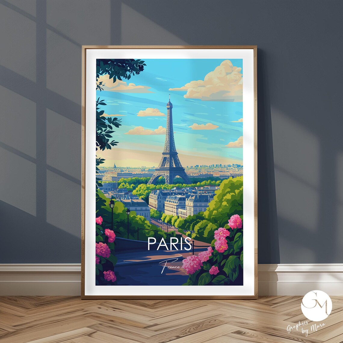 Eiffel Tower at Dusk with Blooming Flowers Paris France Travel Poster