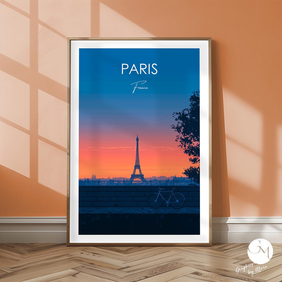 Paris Eiffel Tower Sunset Bicycle Along Seine Travel Poster Art