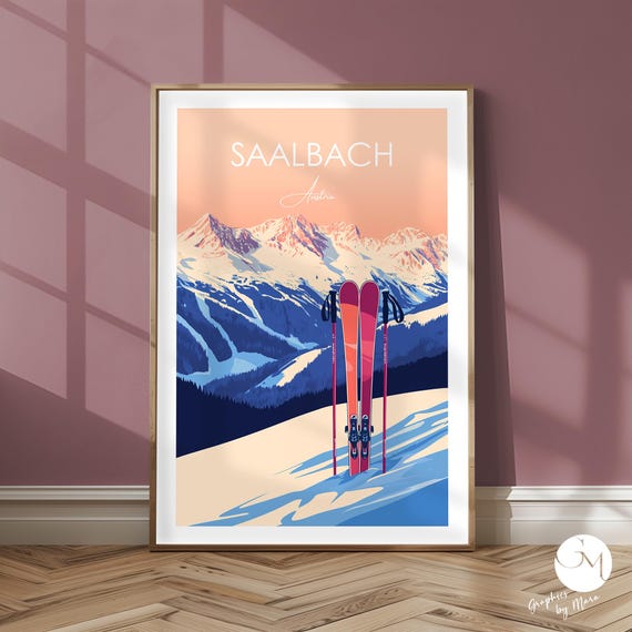 Saalbach Ski Region Poster Austria Minimalist Motif Winter Landscape Alps Skiing Art