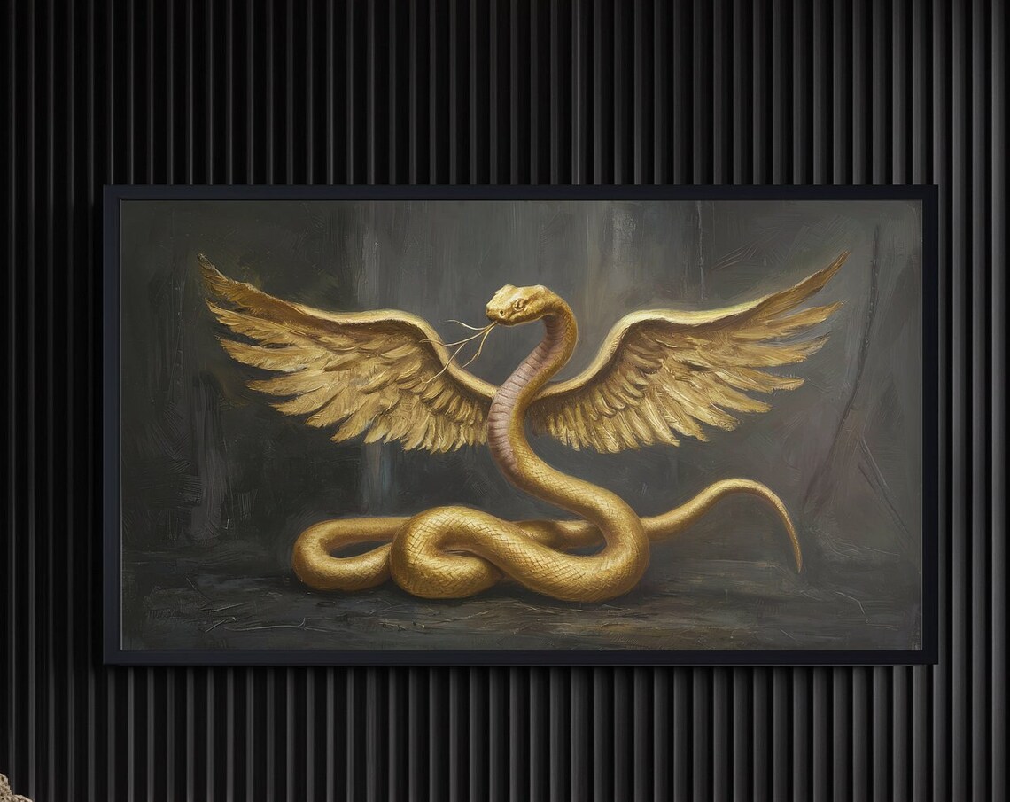 Golden Winged Serpent On Black Dark Academia Mythical Surreal Wall Poster - Image 2