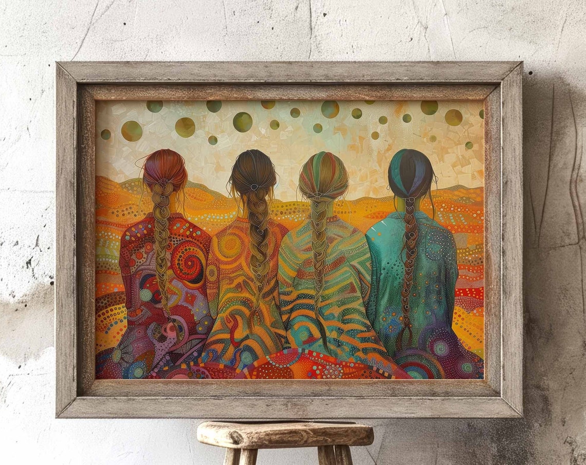 Beautiful Four Sisters Unity Long Braids Colorful Sunset Art Poster
