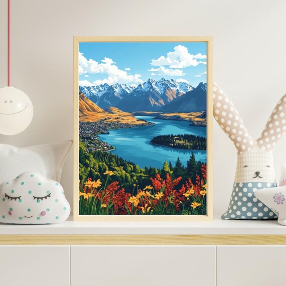 Queenstown New Zealand Lake Wakatipu Mountains Wildflowers Illustration Poster