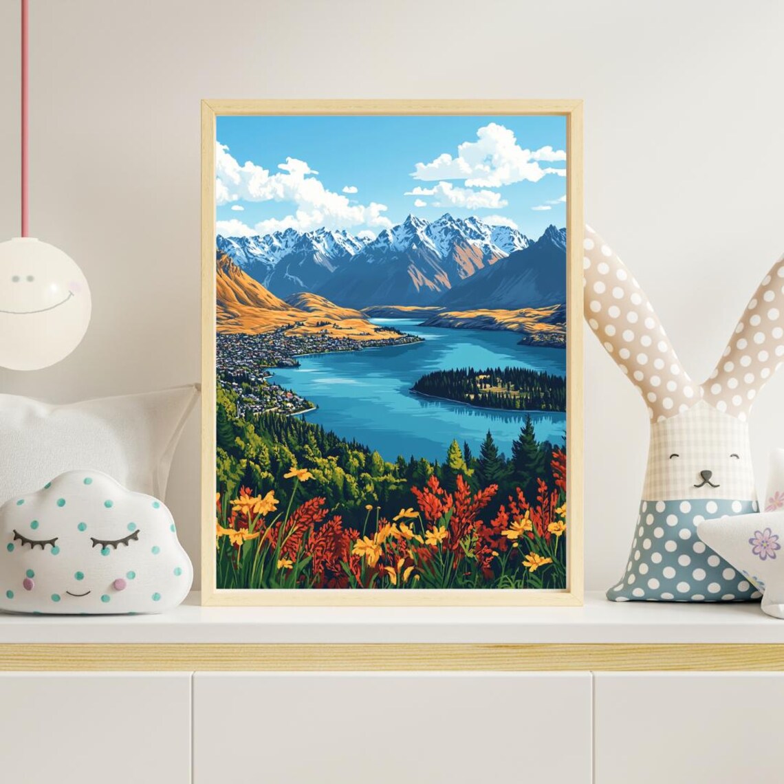 Queenstown New Zealand Lake Wakatipu Mountains Wildflowers Illustration Poster