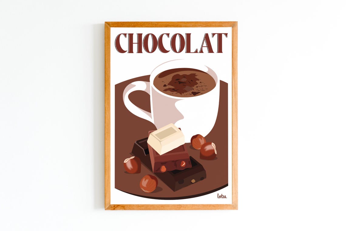 Chocolat Retro French Poster with Hot Chocolate Cup and Cocoa Art