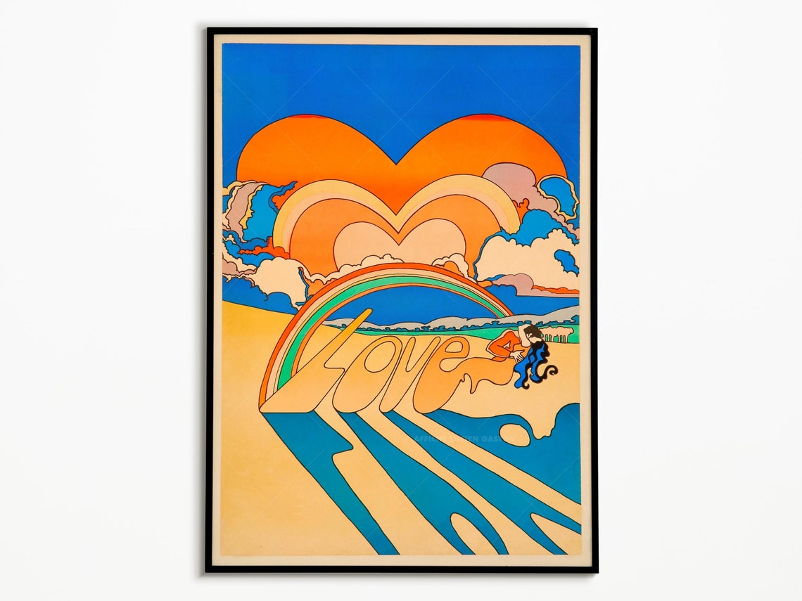 Love Psychedelic Heart Sunset Beach Romance Retro 70s Art Poster