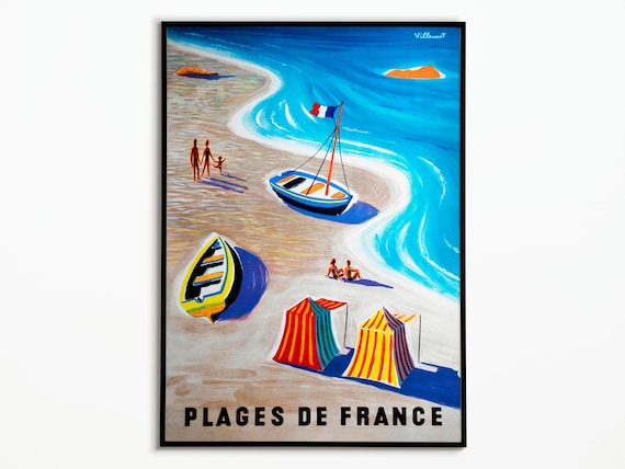 Plages de France Vintage Beach Poster Sailboats Tents Villermont Retro