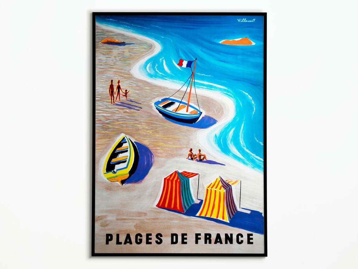 Plages de France Vintage Beach Poster Sailboats Tents Villermont Retro