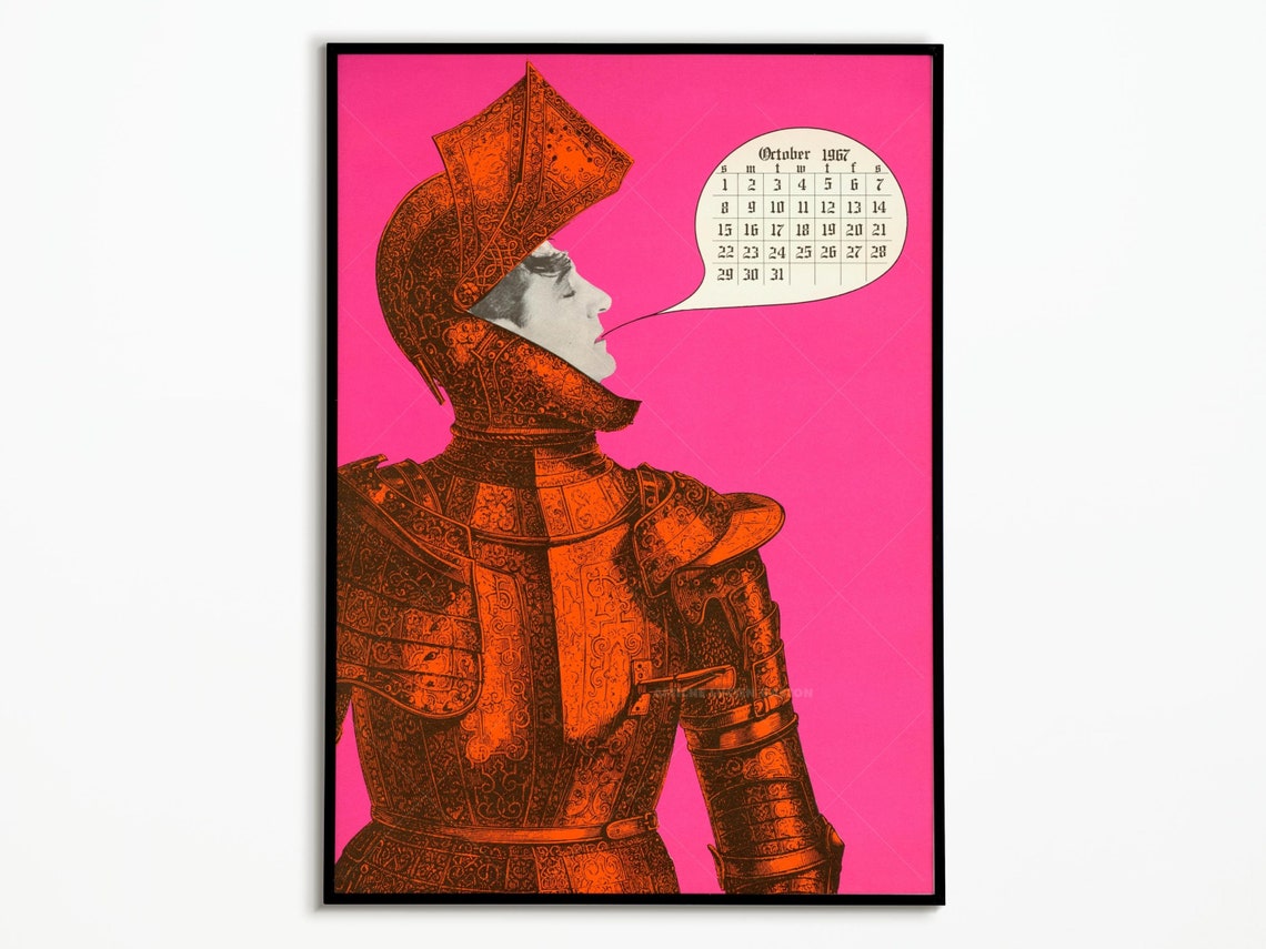 October 1967 Knight in Armor Hot Pink Pop Art Calendar Poster