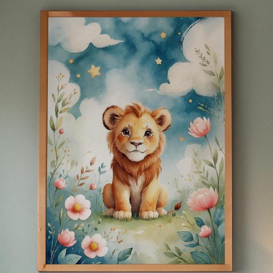 Sweet Baby Lion Under Starry Night Watercolor Nursery Wall Art