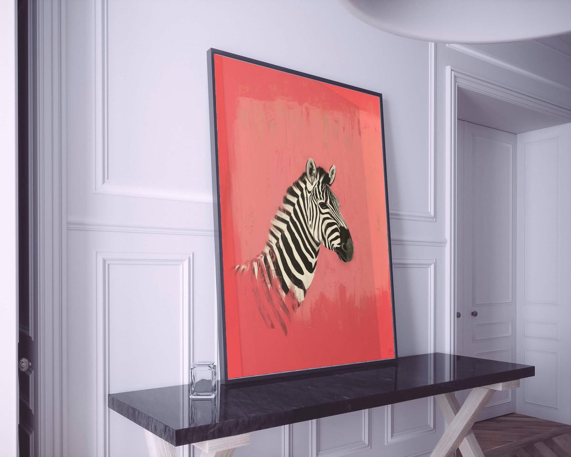 Zebra Portrait On Coral Red Background Modern Pop Art Poster