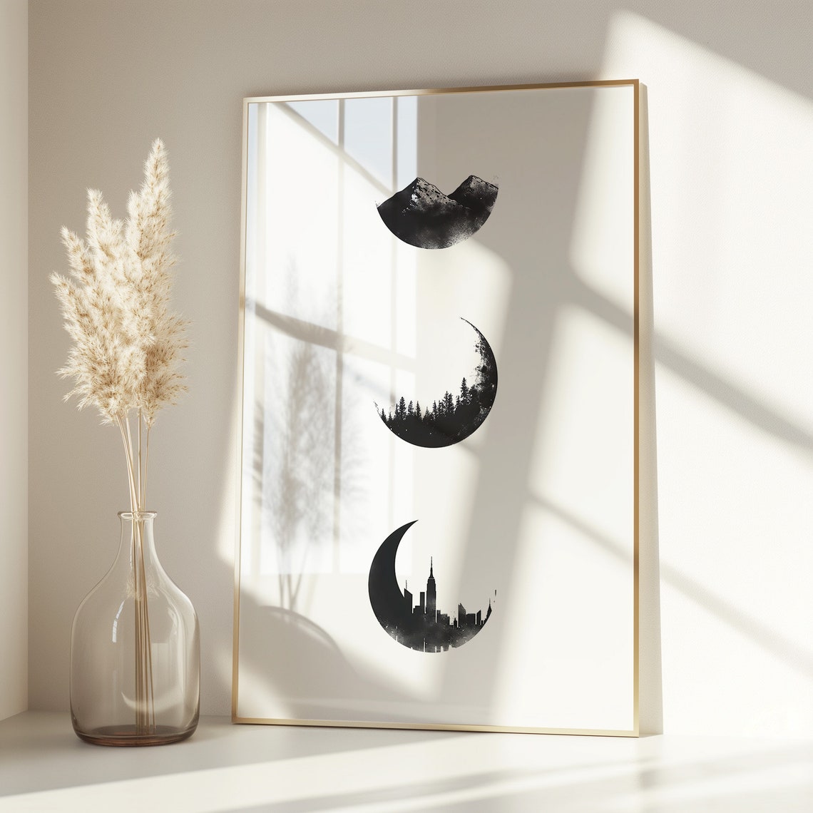 Minimalist Black Ink Moon Phases With Mountain Forest City Poster - Image 3