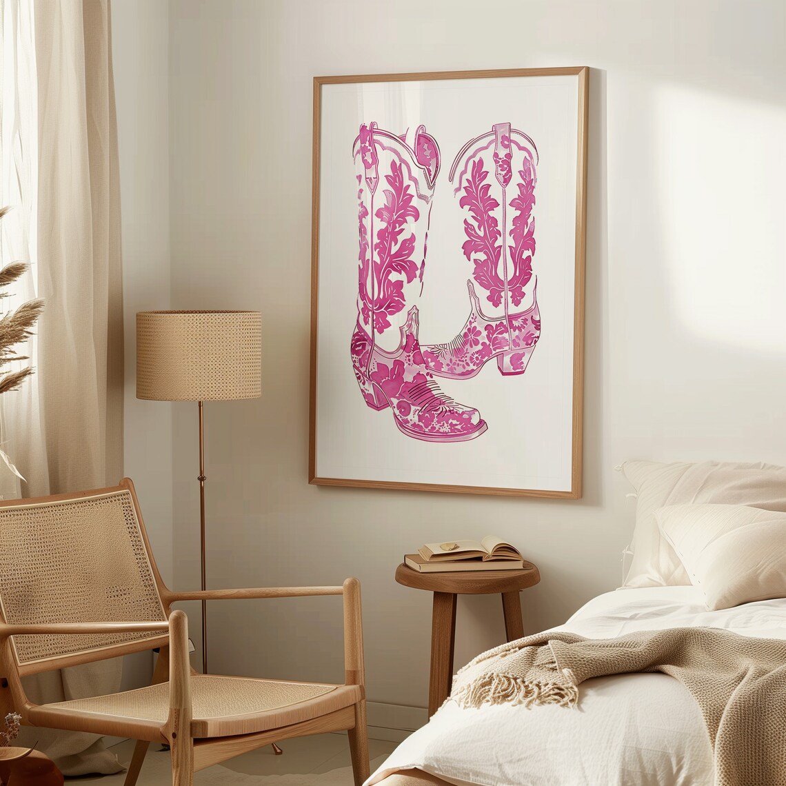 Pink Floral Cowboy Boots Botanical Western Line Art Wall Poster - Image 2
