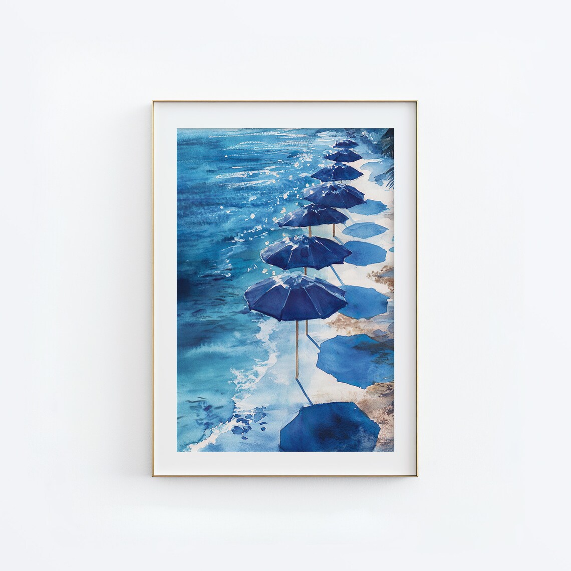 Blue Beach Umbrellas Aerial Watercolor Coastal Scene Decor Poster