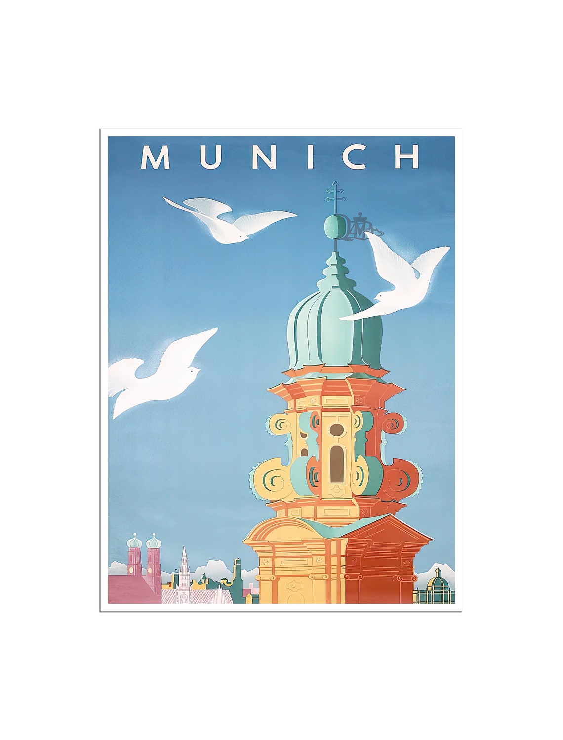 Munich Vintage Travel Poster Blue Church Tower with White Doves