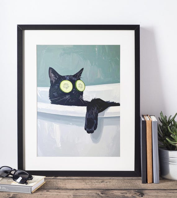 Bathroom Black Cat Oil Painting Style Print Funny In Bath Poster Dark Humor Wall Art