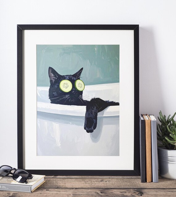 Funny Black Cat Bathtub Cucumber Spa Day Bath Humor Animal Wall Poster