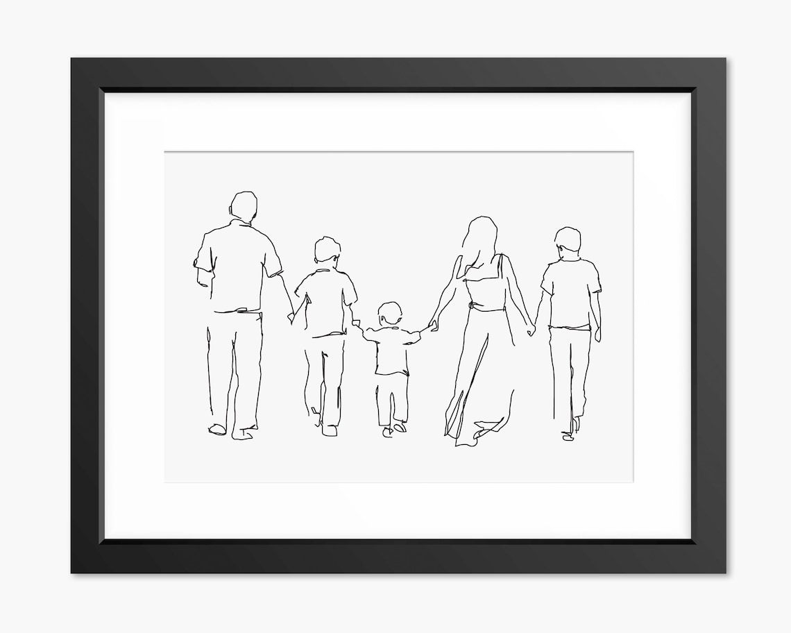 Family of Five Walking Hand in Hand Minimalist Line Art Poster