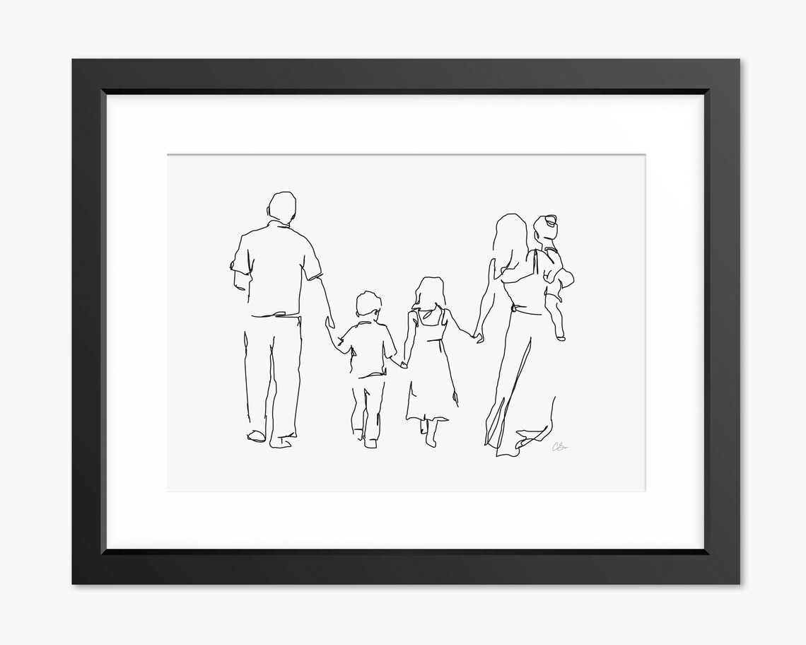 Happy Family of Five Walking Away Holding Hands Line Art Poster