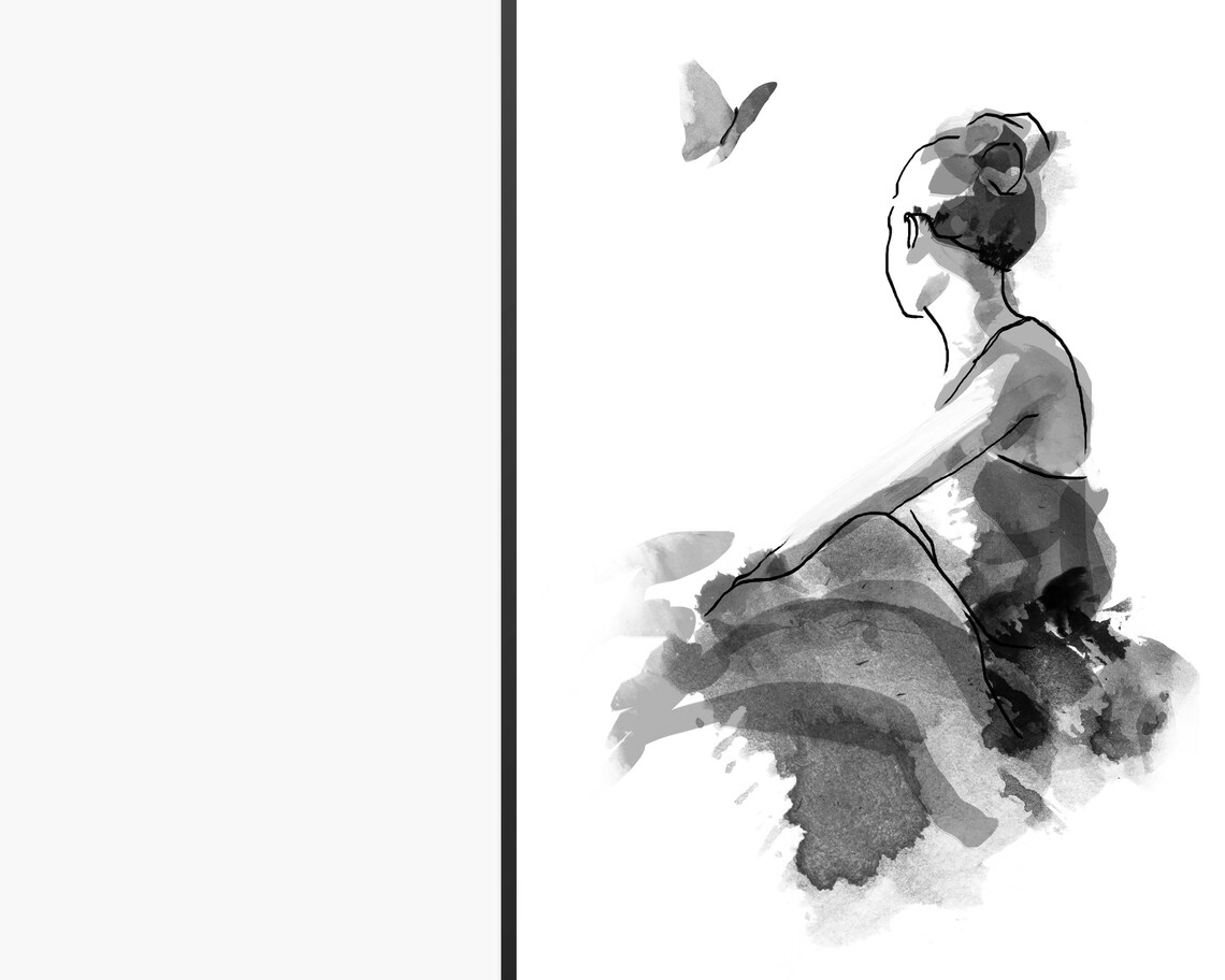 Seated Ballerina With Butterfly Black White Watercolor Art Poster - Image 2