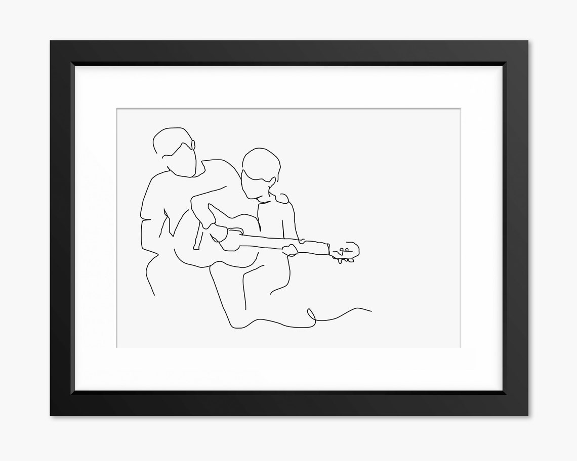 Father And Son Print Family Portrait Gifts For Dad Guitar Instrumental Art Gifts For Son Line Art Family Print Wall Art Drawing