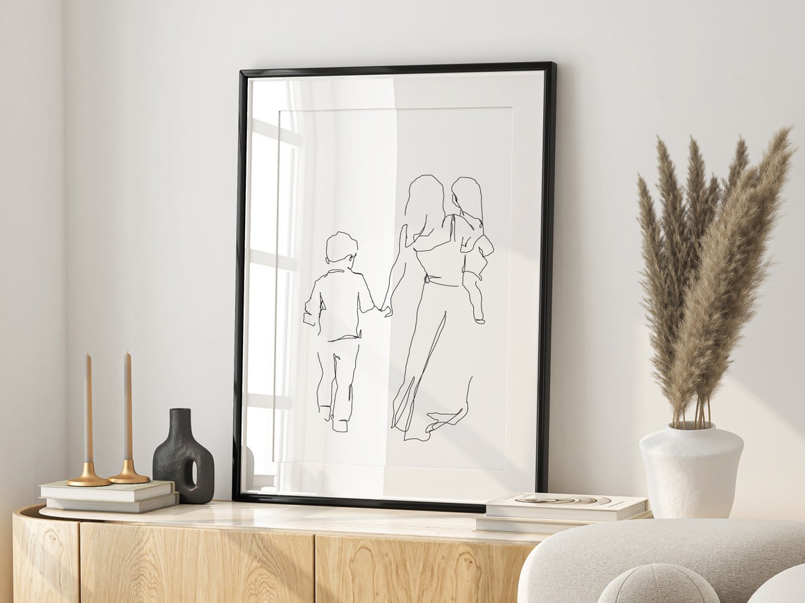 Mother Walking with Her Two Young Children Modern Line Art Poster - Image 2
