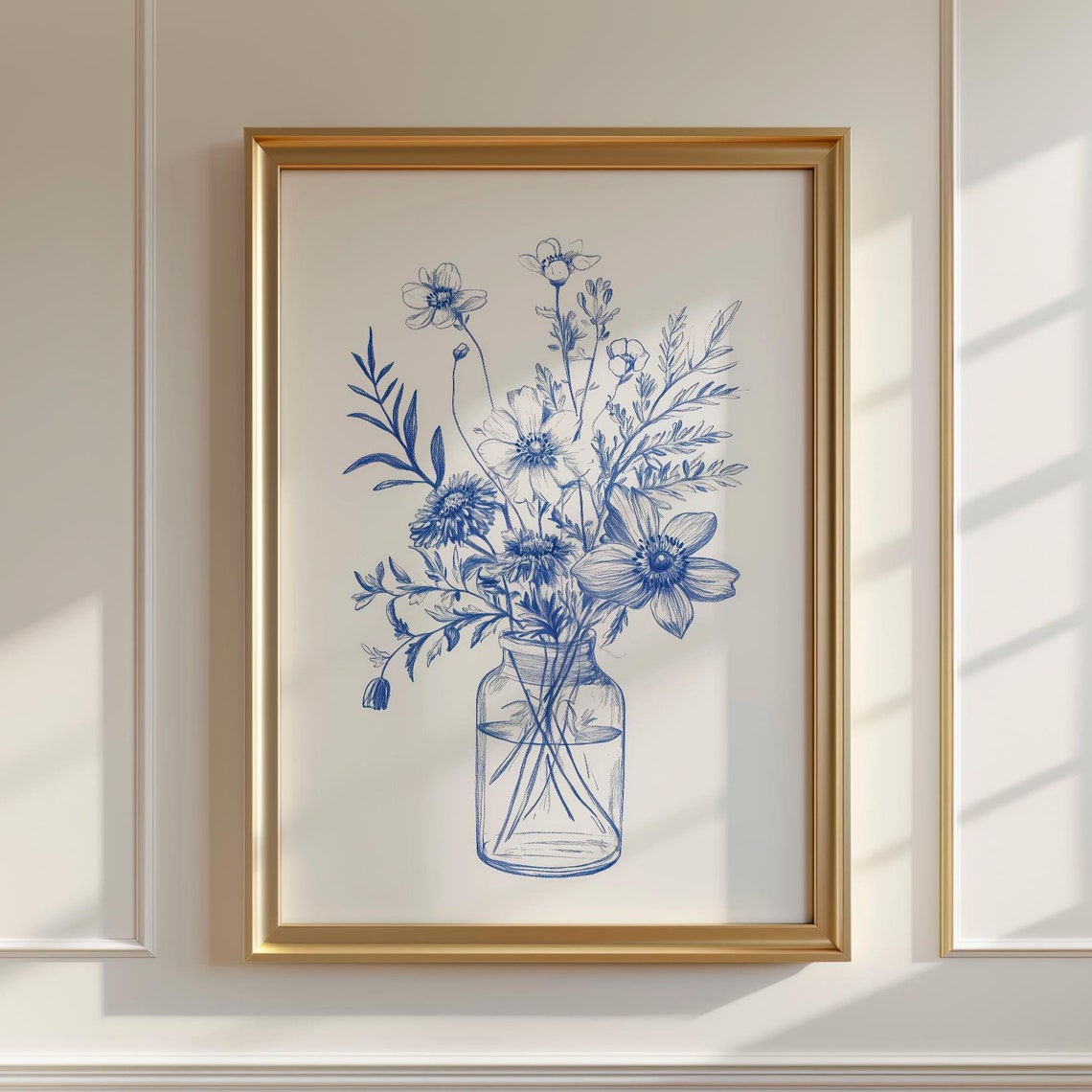 Blue Ink Floral Bouquet Mason Jar Vintage Botanical Drawing Poster
