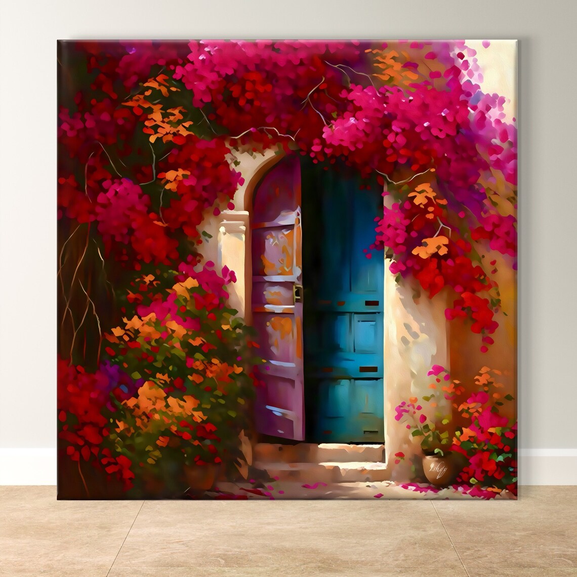 Rustic Blue Door Bougainvillea Art Print, Mediterranean
