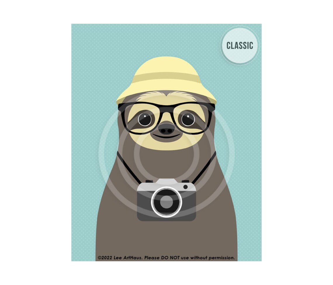 Cute Sloth Wearing Glasses Camera Hat Tourist Fun Photography Lover Poster - Image 4