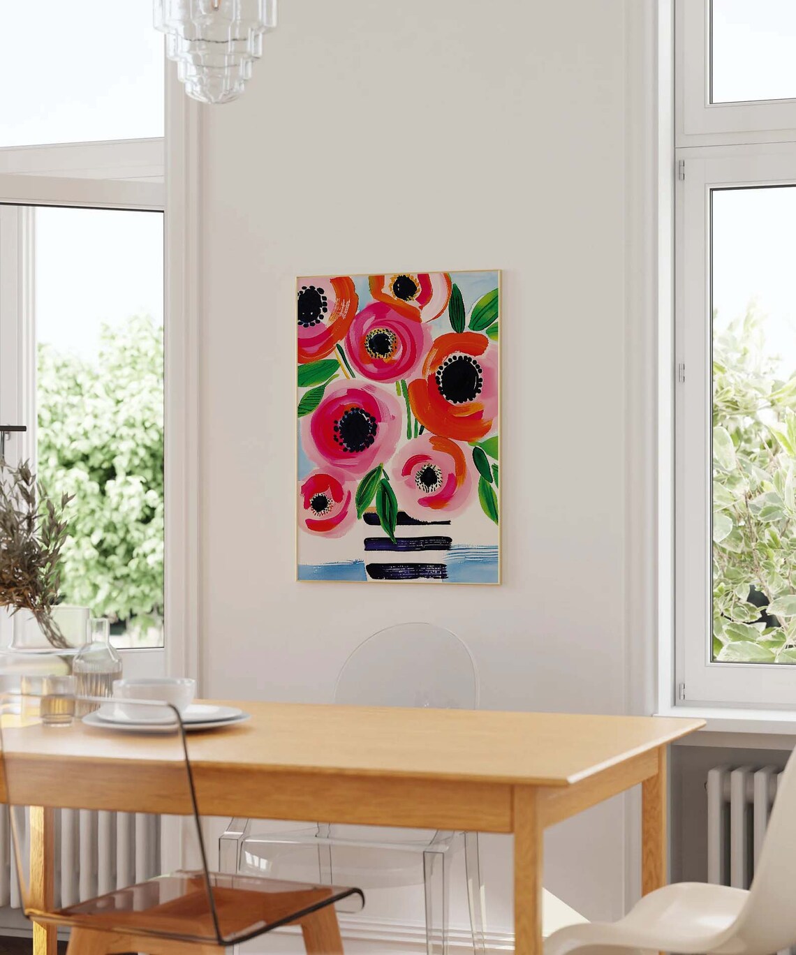 Pink Poppy Bouquet Striped Vase Maximalist Floral Art Poster - Image 2