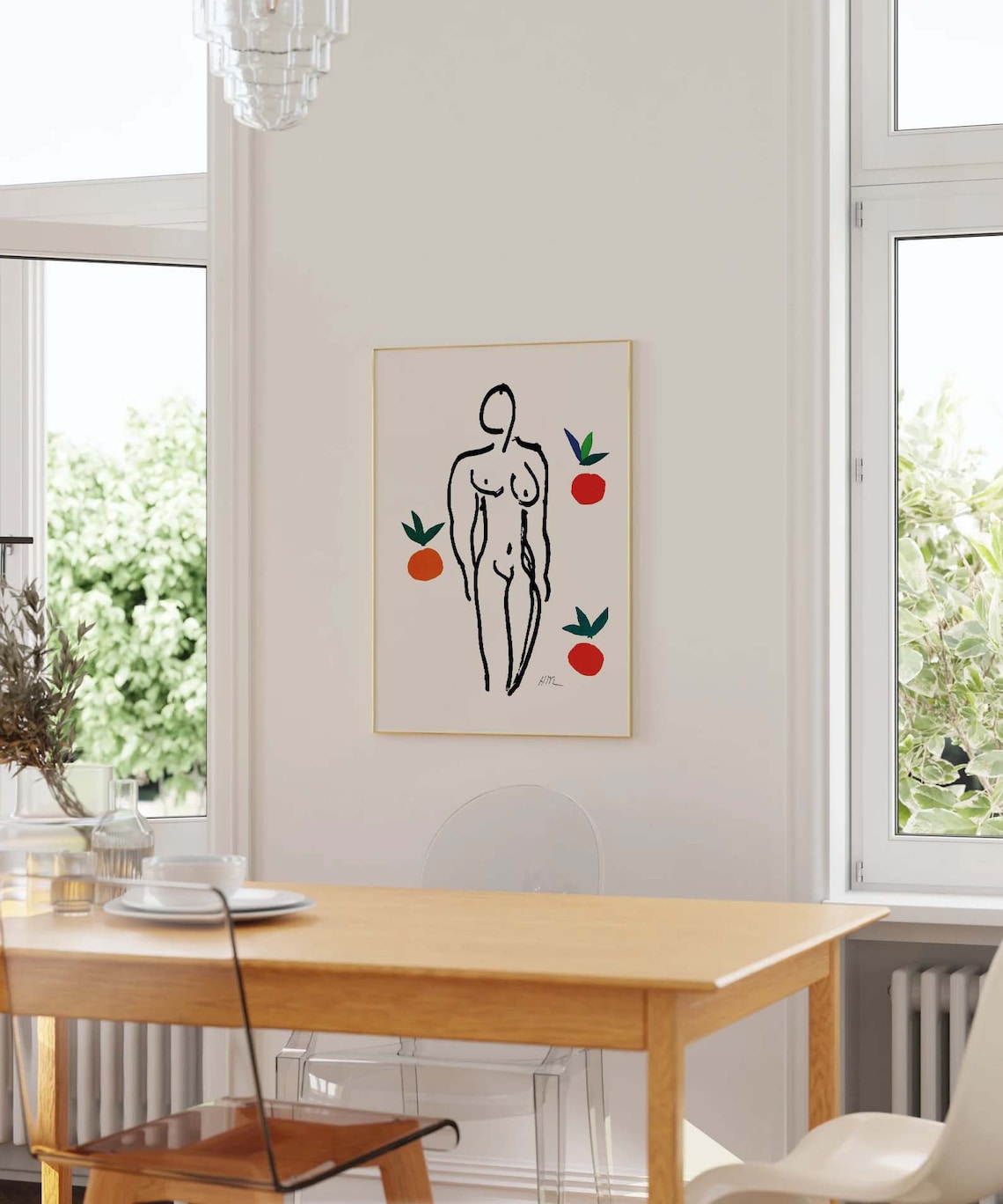 Matisse Style Nude Woman Line Drawing With Colorful Oranges Print - Image 2