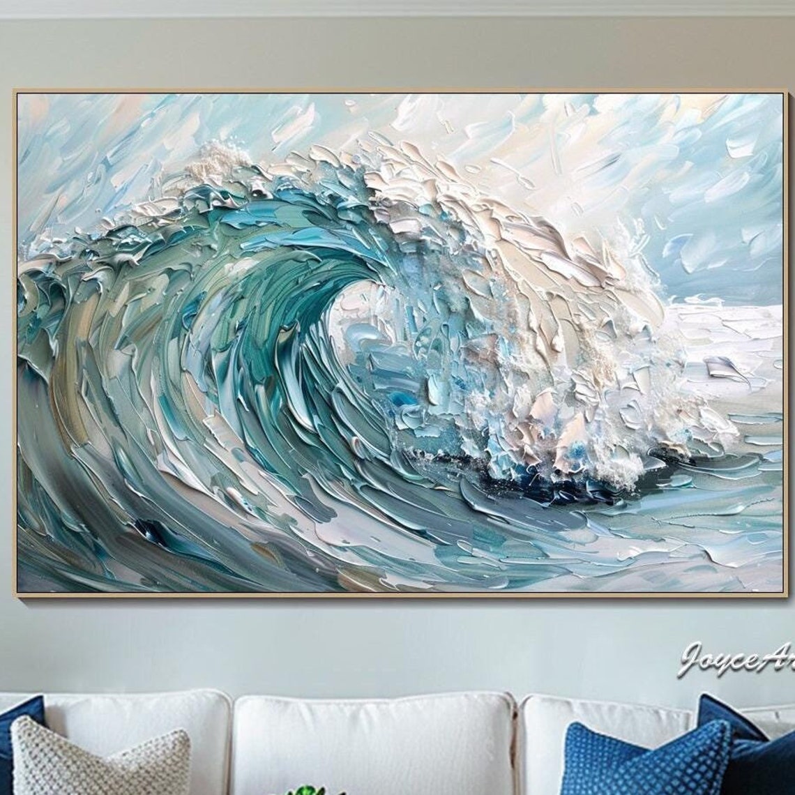 Teal Ocean Wave Curl Impasto Texture Oil Painting Coastal Wall Art