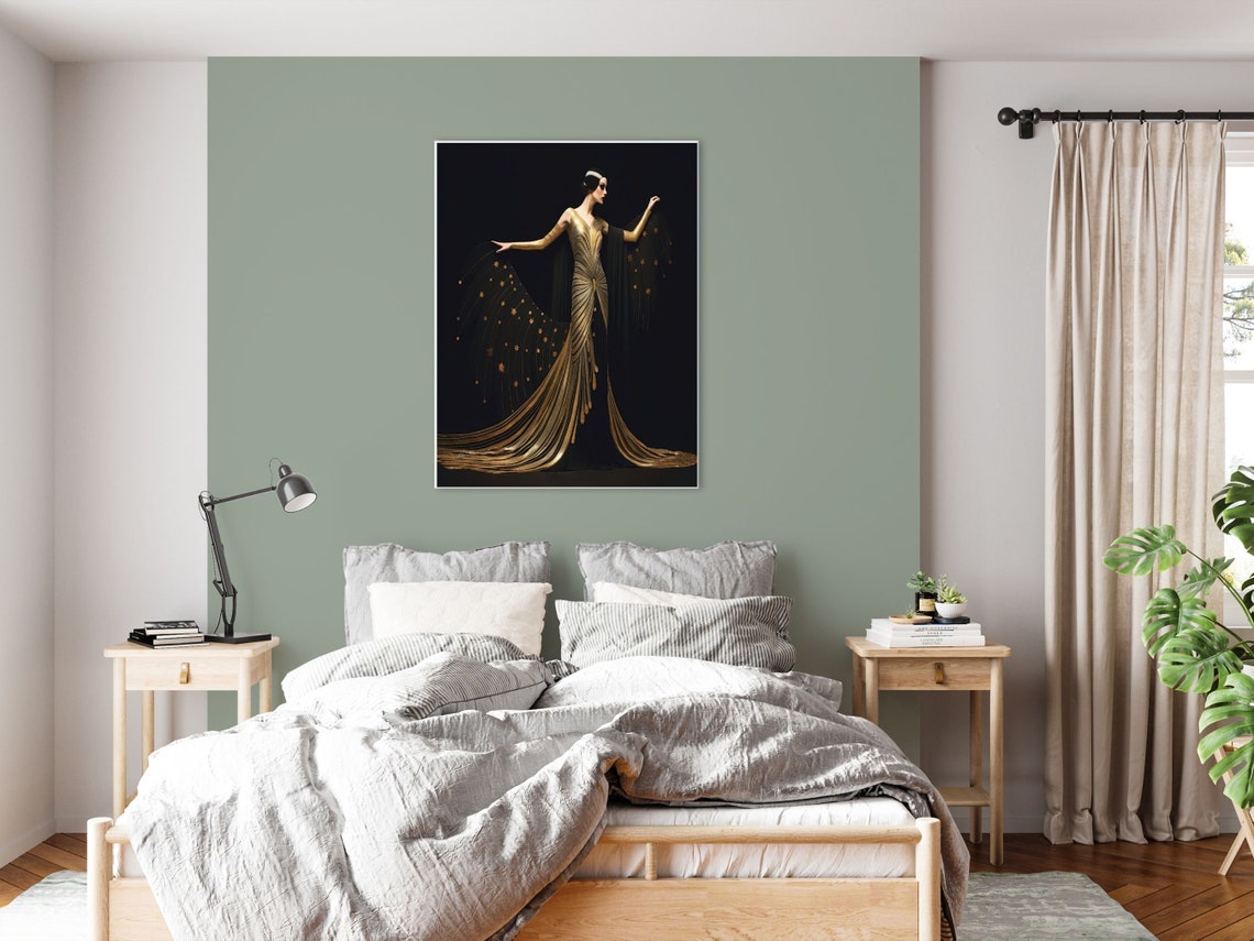 Art Deco Gold Dancer With Starry Train Against Black Night Poster - Image 4