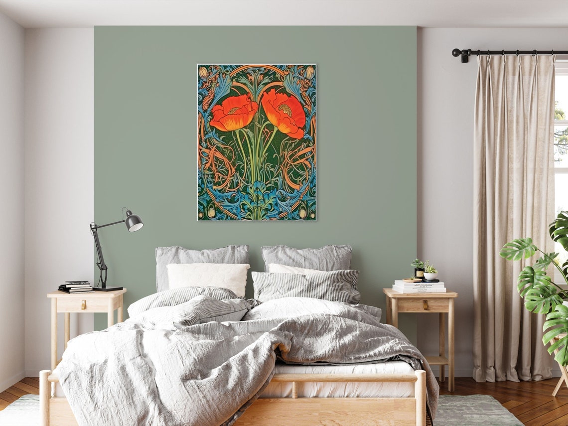 Scarlet Poppies With Blue Green Foliage Morris Style Art Poster - Image 2