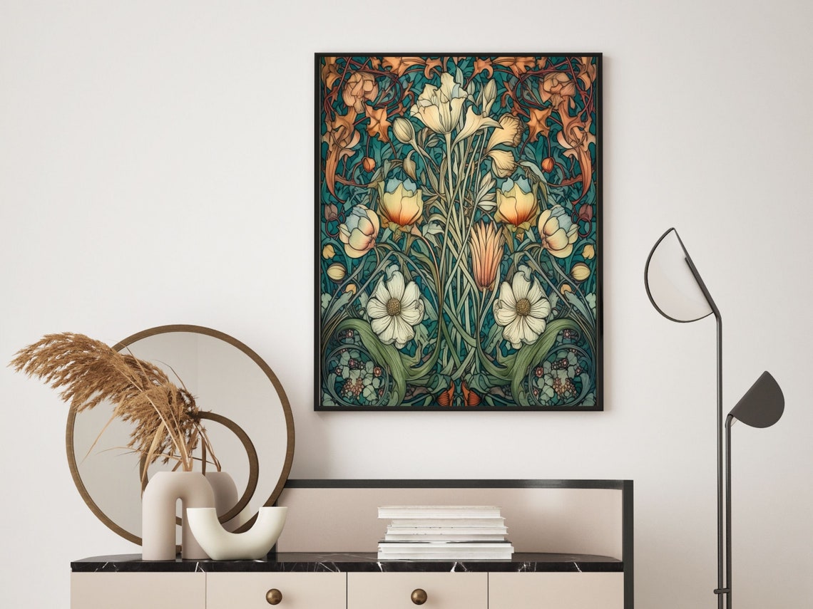 William Morris Style Ivory Anemones Teal Autumn Floral Wall Art - Image 6