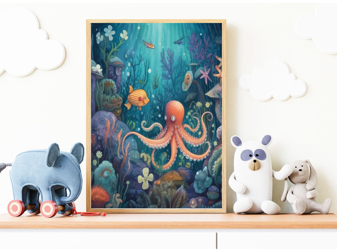Wall Art Octopuss Garden Octopus Bathroom Wall Decor Vivid Octopus Nursery Colorful Wall Painting Kids Wall Art - Image 3