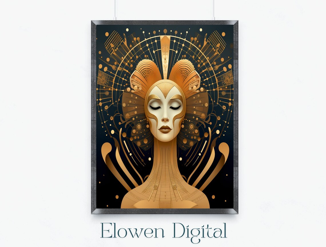 Golden Art Deco Woman Portrait with Radiant Sunburst Art Poster