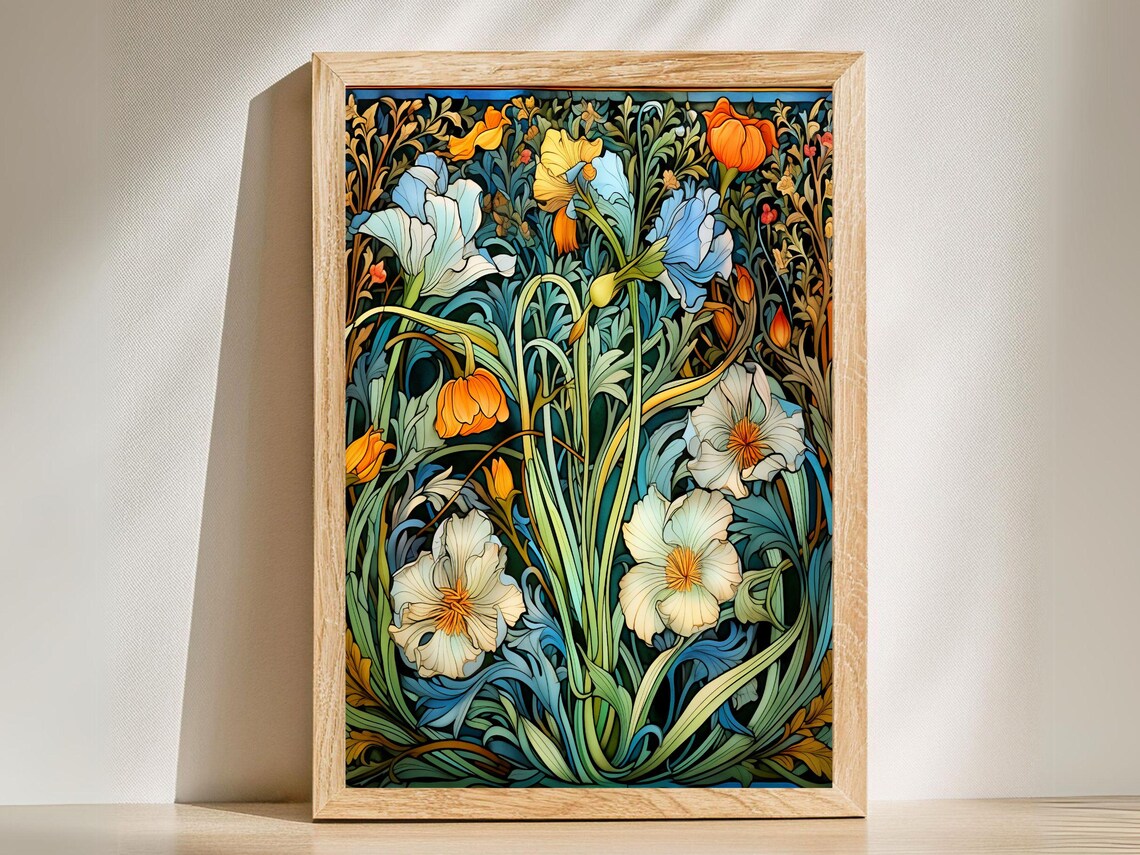 William Morris Style White Poppy Garden Floral Vintage Art Poster