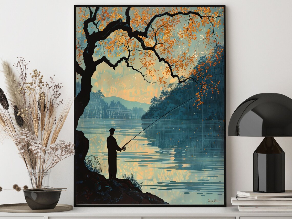 Silhouette Fisherman Autumn Lake Dusk Retro Fishing Wall Art - Image 4
