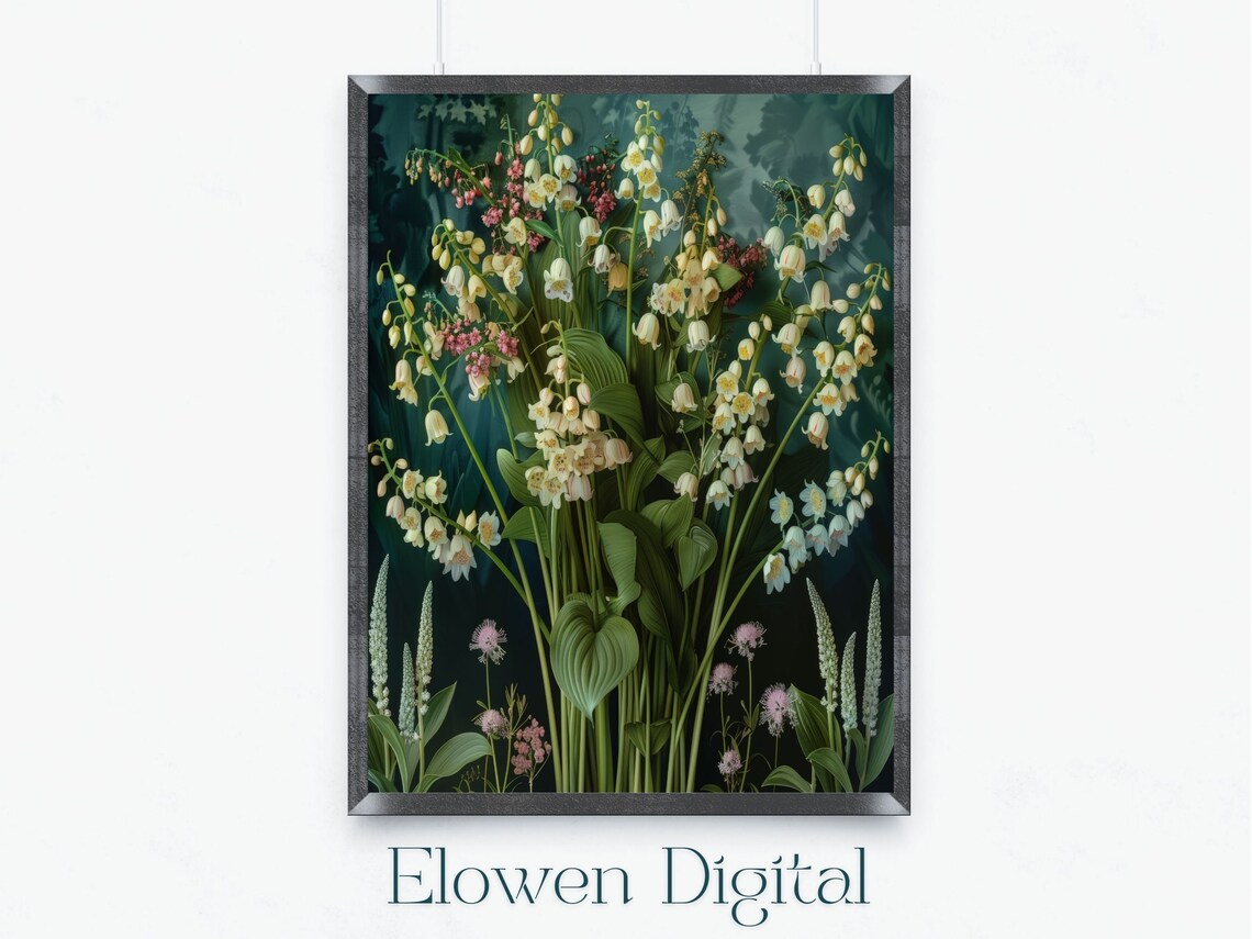 White Lily Of The Valley Cascade Botanical Dark Green Garden Print