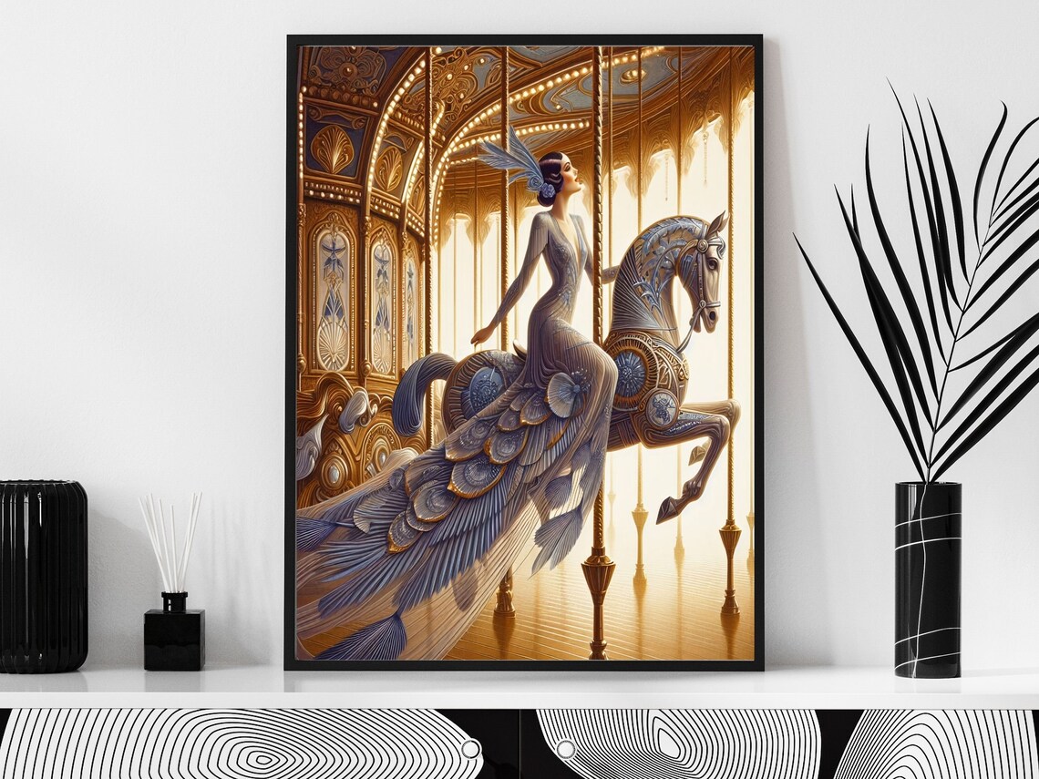 Art Deco Woman Riding a Carousel Horse in a Golden Hall Poster - Image 2
