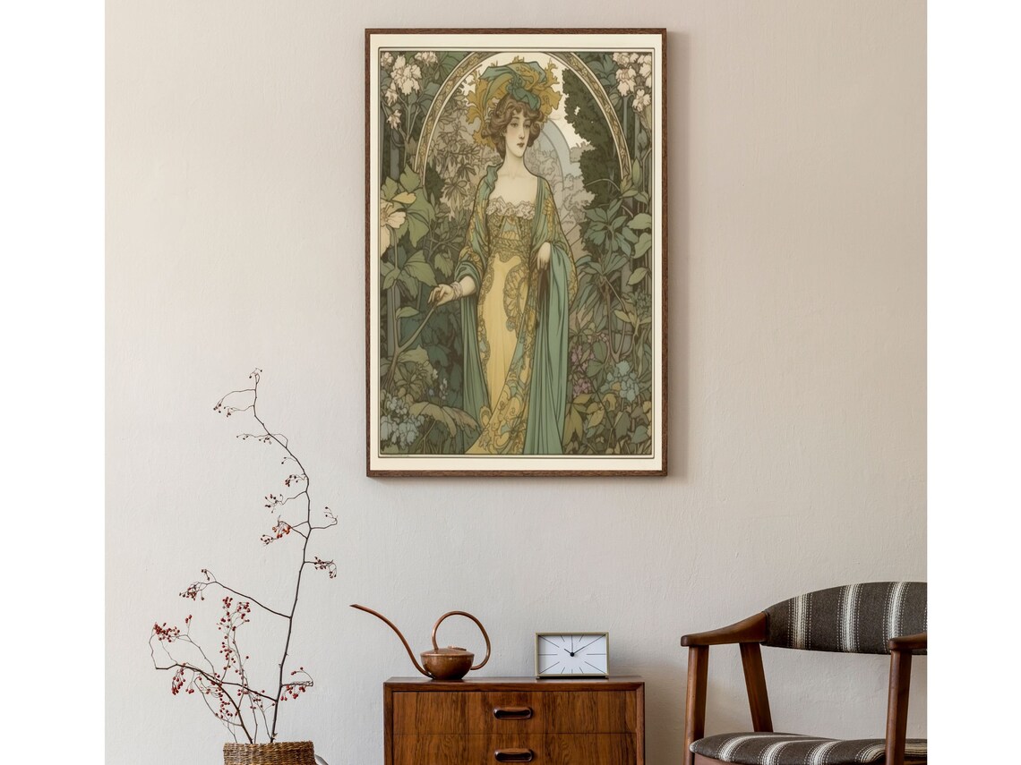 Mucha Style Woman In Green Gown Garden Scene Art Nouveau Poster - Image 2