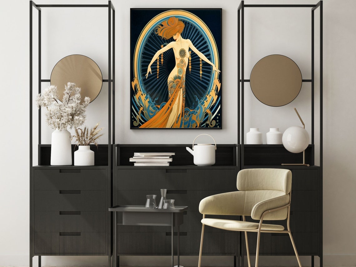 Theatrical Art Deco Erte Style Dancer Peacock Gown Fan Poster - Image 5