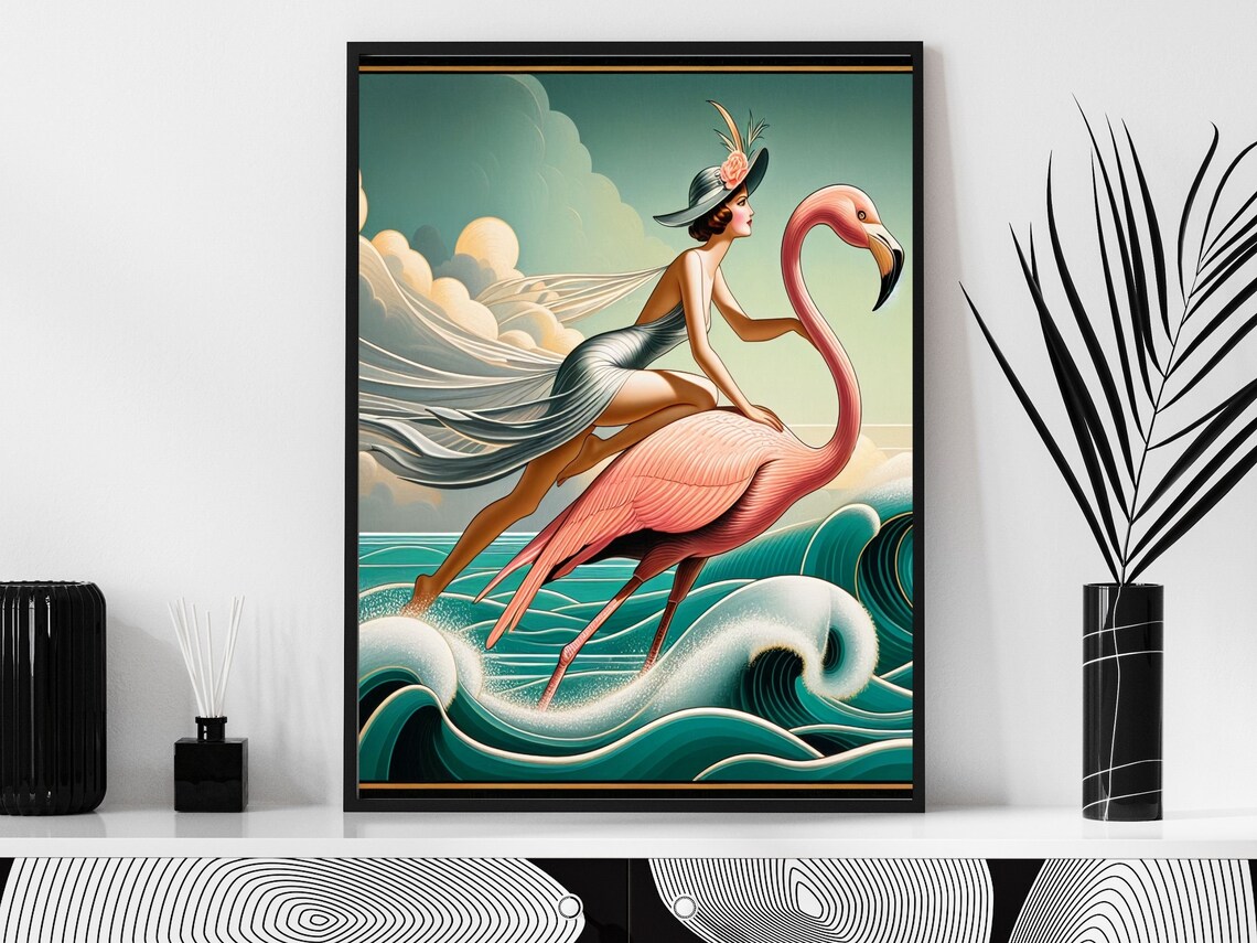 Art Deco Woman Riding Pink Flamingo Over Ocean Waves Wall Art - Image 4