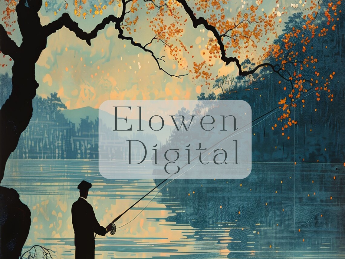 Silhouette Fisherman Autumn Lake Dusk Retro Fishing Wall Art - Image 2