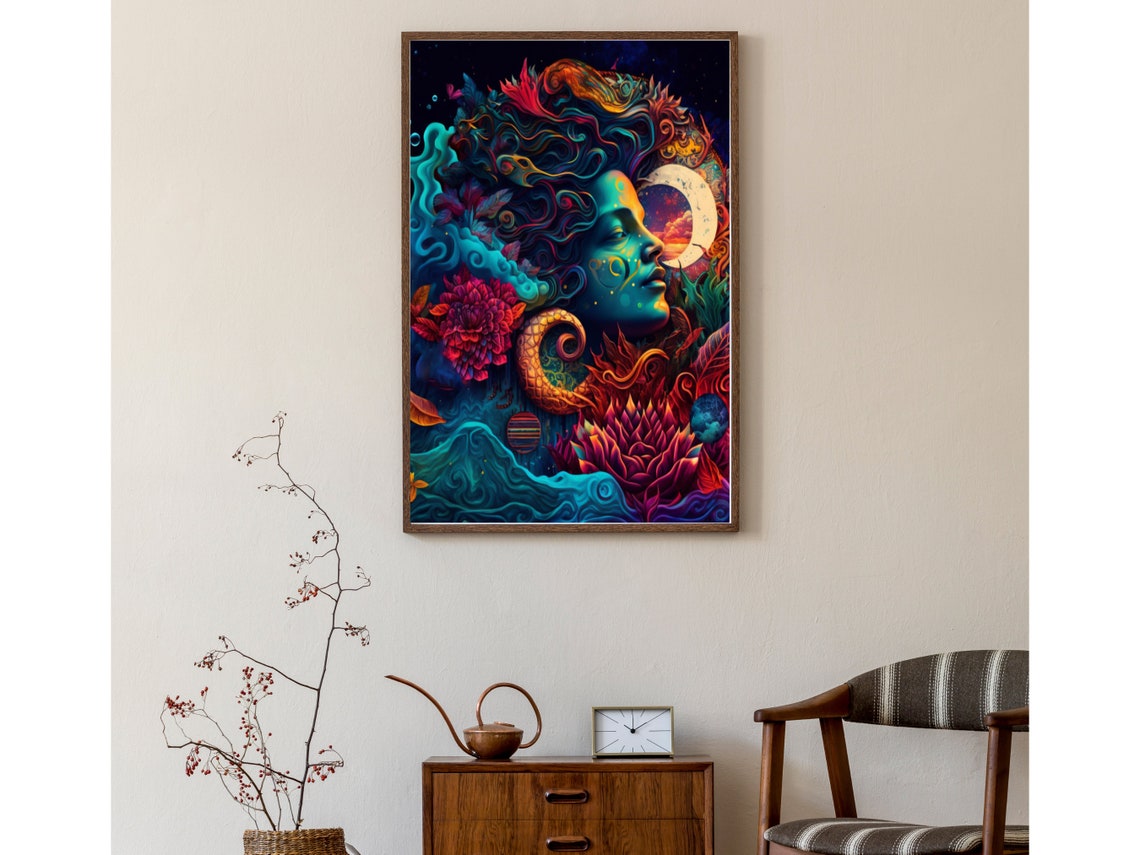 Gaia Earth Goddess Portrait with Moon and Ocean Waves Cosmic Poster - Image 6