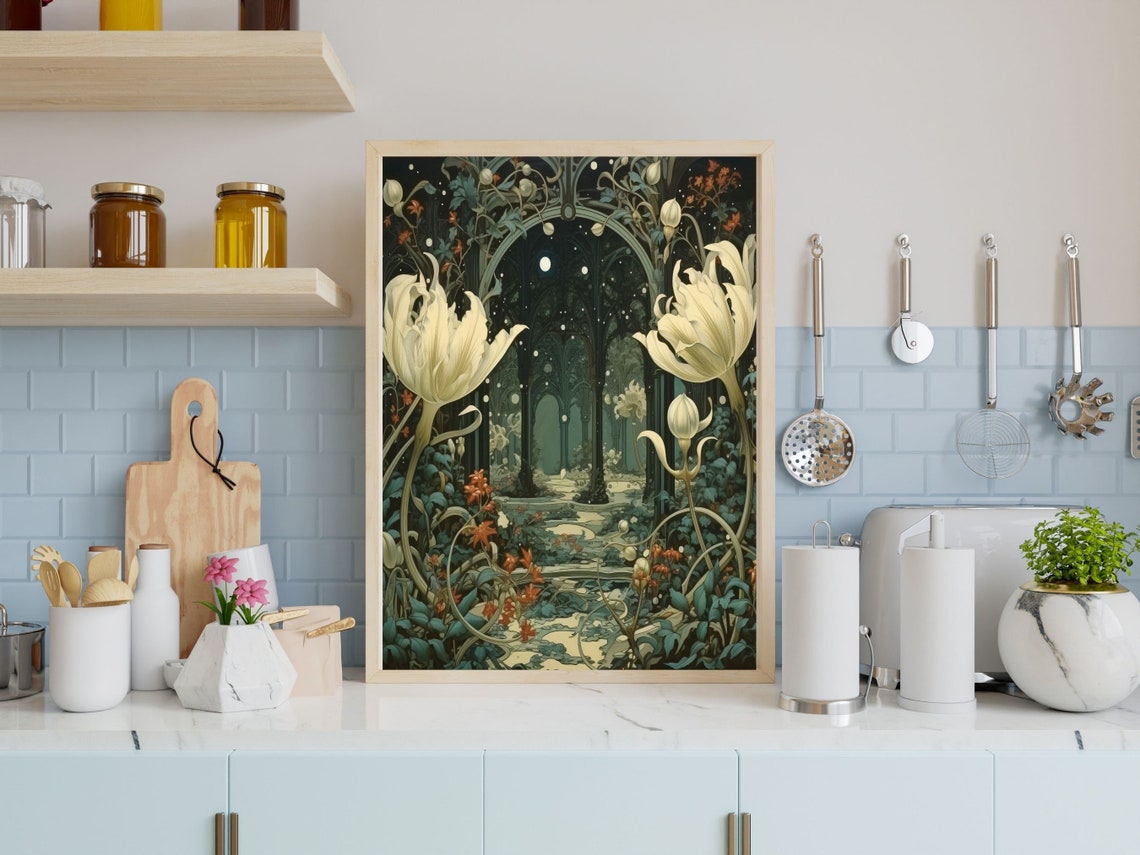 White Tulips by Moonlight in a Midnight Garden Archway Poster - Image 3