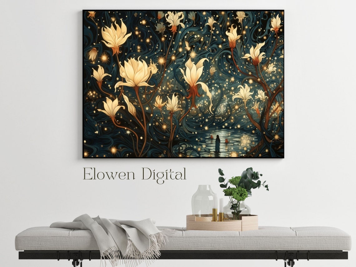 White Night Blooming Lilies Midnight Blue Starry Sky Wall Art