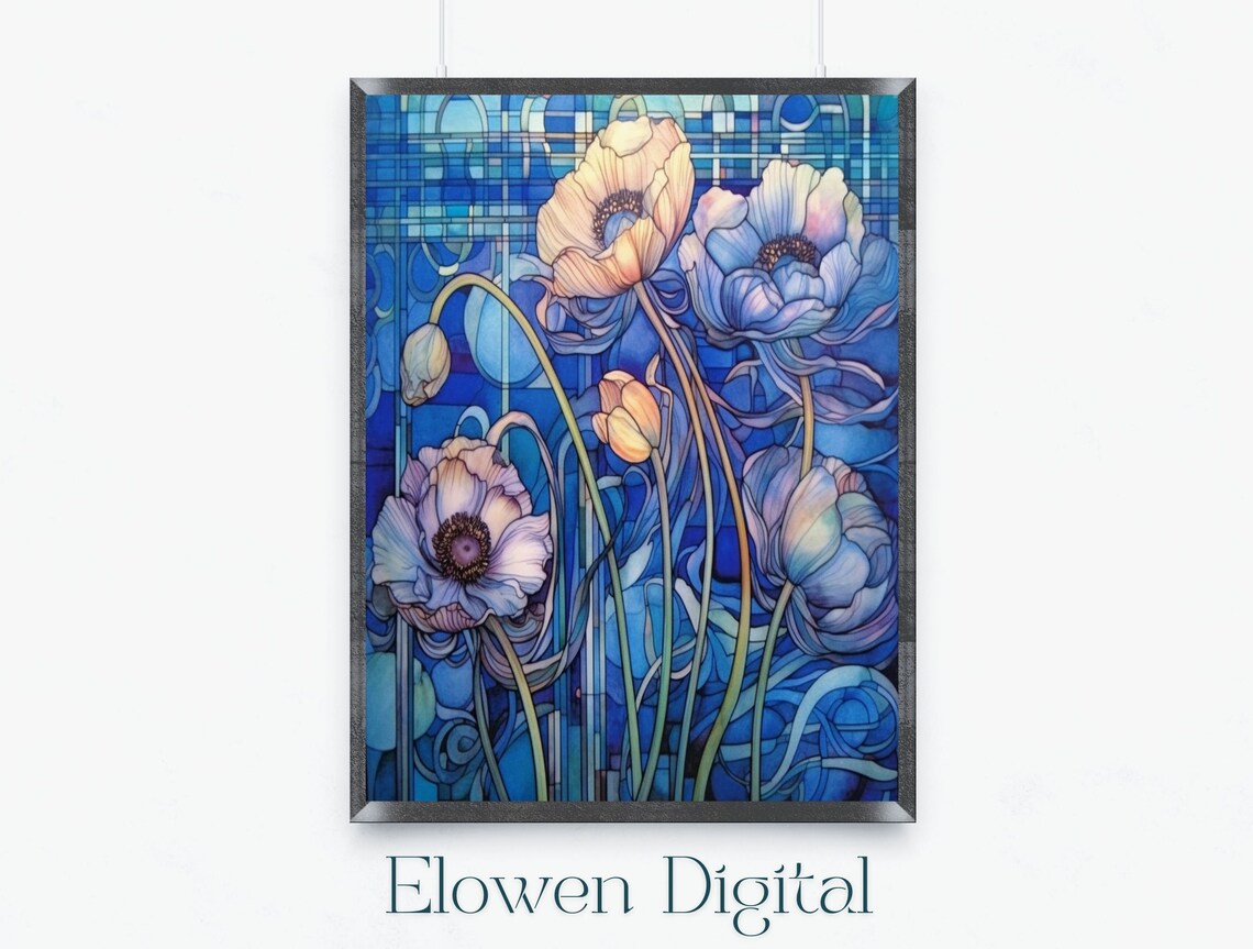 Art Nouveau Blue Poppies Stained Glass Style Floral Wall Art