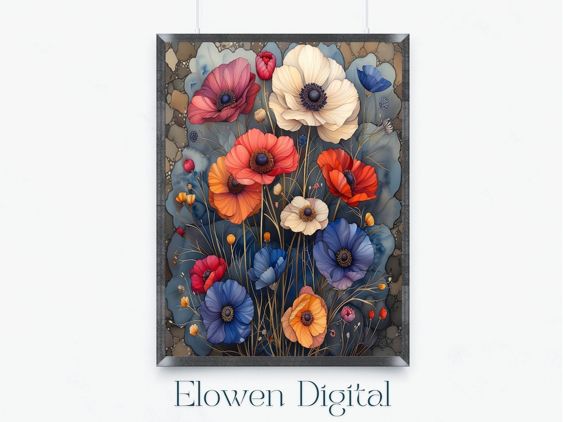 Red White and Blue Wildflowers Watercolor Botanical Wall Art
